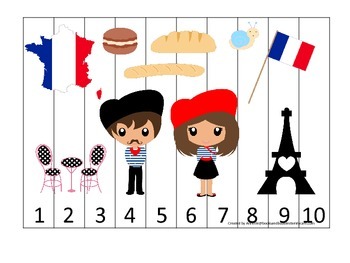 Preview of France themed Number Sequence Puzzle preschool learning game.  Daycare.