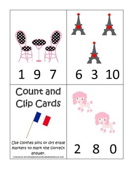 Preview of France themed Numbers Clip it Cards preschool math learning activity.