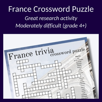 Preview of France trivia crossword puzzle for teens! Perfect for parties or research.