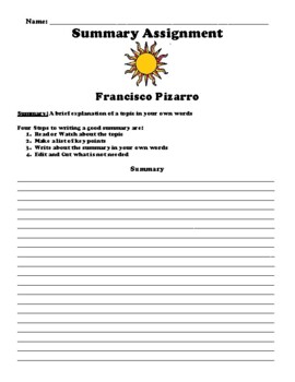 Preview of Francisco Pizarro Summary Worksheet