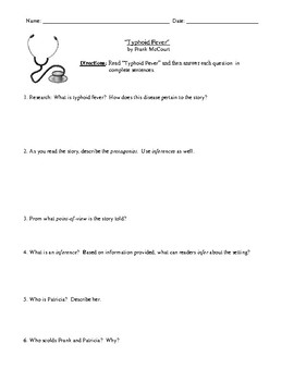 Preview of Frank McCourt's  "Typhoid Fever" Worksheet (or Test) with Detailed Answer Key