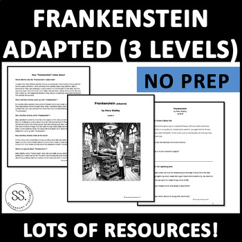 Preview of Frankenstein Adapted: 3 levels (w/Comp Ques, Rdrs Thtr, Bkgrd Info, Writing)
