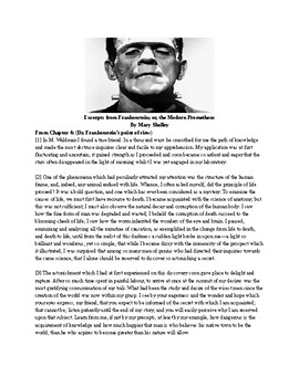 Preview of Frankenstein Ch. 4 - Excerpts, Game, + Analysis Questions (pair w/ Prometheus)