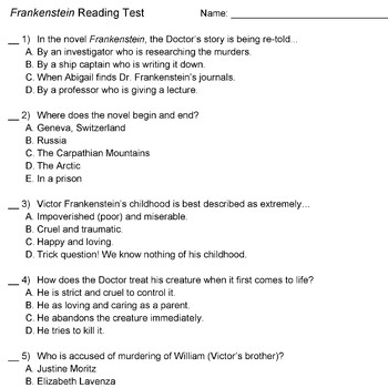Preview of Frankenstein Reading Checks (4 quizzes and a whole-book test)