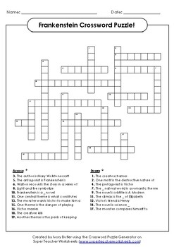 Frankenstein Crossword Puzzle Quiz by Ivory Butler TPT