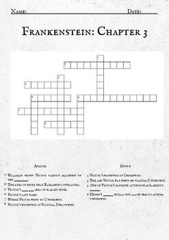 Frankenstein Crossword Puzzle chapter 3 by Procrastinator Educator