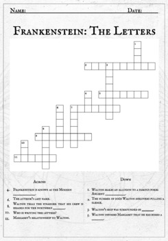 Frankenstein Crossword Puzzles Every Chapter of Volume 1 TPT