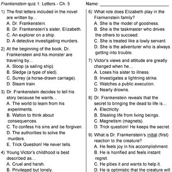 Frankenstein Quiz Worksheets Teaching Resources Tpt