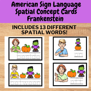 Preview of Frankenstein Spatial Concepts Preposition Worksheets - ASL Halloween Vocab Cards