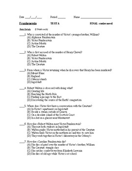 Preview of Frankenstein Test A + Answer Sheet + Answer Key