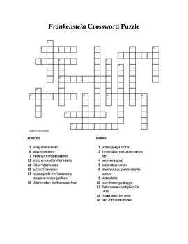 Frankenstein by Mary Shelley Crossword Puzzle with 18 Clues by Shirley
