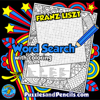 Preview of Franz Liszt Word Search Puzzle Activity with Coloring | Famous Music Composers