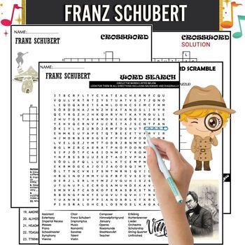 Preview of Franz Schubert Biography Composer Study, PUZZLE,Wordsearch & Crossword