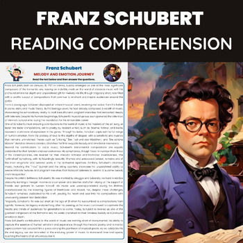 Preview of Franz Schubert Reading Comprehension Worksheet | Romantic Music Composer