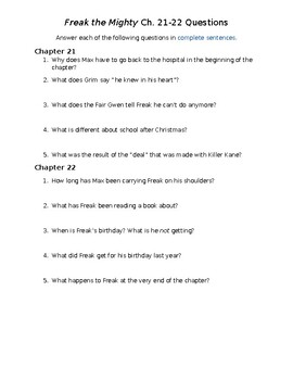Freak the Mighty Ch. 21-22 Questions by The Handy Dandy Digital Store