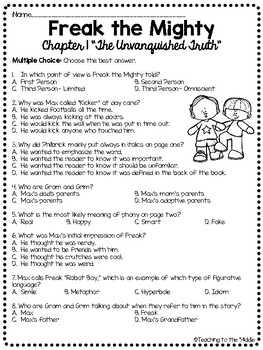 Freak the Mighty Chapter 1 Reading Comprehension Worksheet Realistic