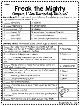 Freak The Mighty Chapter 11 Reading Comprehension Worksheet Tpt