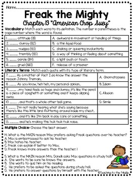 Freak The Mighty Chapter 13 Reading Comprehension Worksheet Tpt