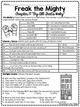 Freak The Mighty Chapter 17 Reading Comprehension Worksheet Tpt