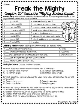 Freak The Mighty Chapter 20 Reading Comprehension Worksheet Tpt