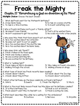 Freak The Mighty Chapter 22 Reading Comprehension Worksheet Tpt