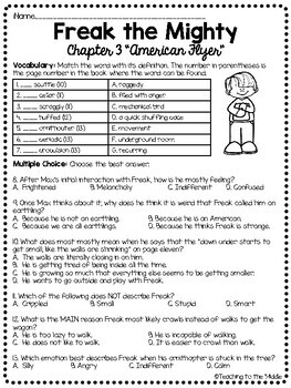 Freak The Mighty Chapter 3 Reading Comprehension Worksheet Tpt