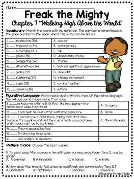 Freak The Mighty Chapter 7 Reading Comprehension Worksheet Tpt