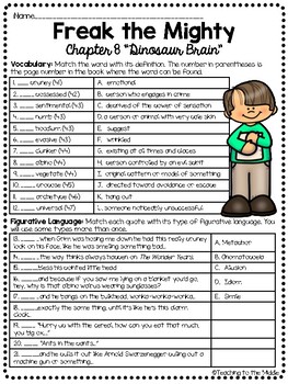 Freak The Mighty Chapter 8 Reading Comprehension Worksheet Tpt