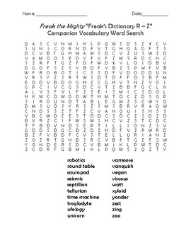 Preview of Freak the Mighty Freak's Dictionary R - Z Companion Vocabulary Word Search