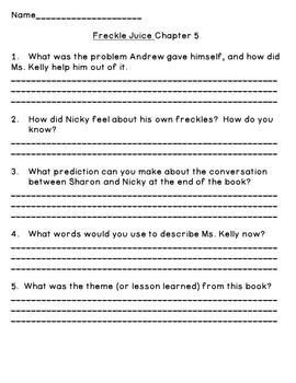 Freckle Juice--Level M--Guided Reading Comprehension Chapter Questions