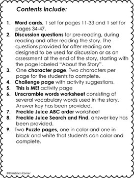 Freckle Juice Novel Guided Reading Lesson Plan No Prep Worksheets Printables