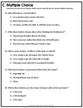 Freckle Juice Test: Final Book Quiz with Answer Key | TpT