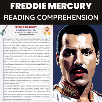 Preview of Freddie Mercury Biography Reading Comprehension  | Rock Music History