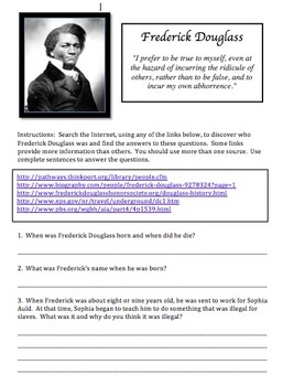 Preview of Frederick Douglas Web Scavenger Hunt