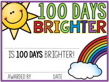 Free 100th Day Hat Certificate: 100 Days Brighter TpT