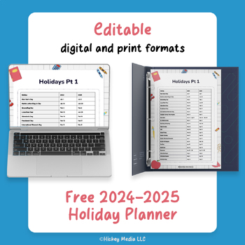 Preview of Free 2024-2025 Editable Holiday Planner: Printable & Digital Teacher Calendar