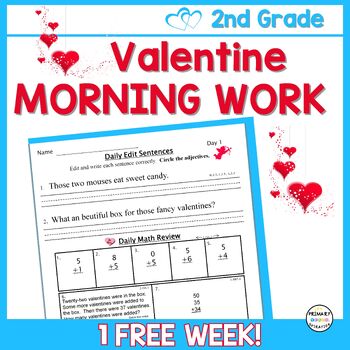 Preview of Free 2nd Grade Valentine Morning Work Math & ELA Spiral Review