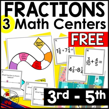 Preview of Free 3rd-5th Grade Math Centers | 3 Fraction Centers | Fraction Task Cards
