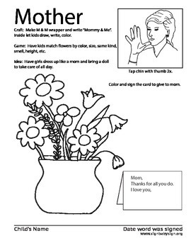 Preview of Free ASL Mother's Day Coloring sheet. How to sign Mom. Sign Language