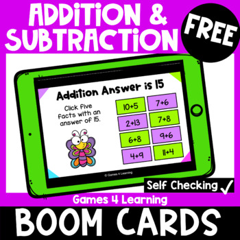 Preview of Free Addition & Subtraction Facts Math Boom Cards: Distance Learning