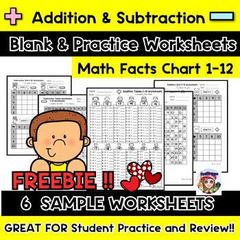 Preview of Free! Addition & Subtraction Time Tables Blank & Practice ,Math Fact Charts 1-12