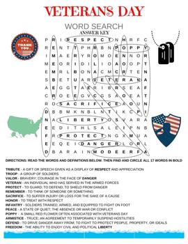 Preview of Free Answer key For Veterans Day Word Search