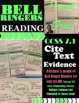 Preview of Free Bell Ringers: Literature & Reading CCSS 7.1 Cite Text Evidence