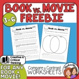 Book vs. Movie Compare & Contrast FREEBIE! No-Prep Worksheets | Fun Movie Day!