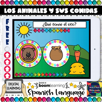 Preview of Free Boom Cards in spanish - What do Animals Eat? - Distance Learning