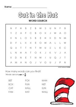 Free Cat in the Hat Word Search (Two Levels + Answer Key) by School of ...