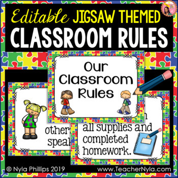 Preview of Classroom Rules Posters - Jigsaw Puzzle Theme for Back to School - Editable