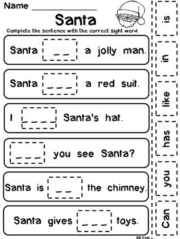 Free Christmas Sight Word Cut and Paste No Prep Activity for Kindergarten