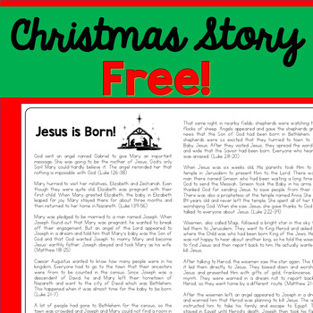 Free - Christmas Story from Bible - Jesus - One Page Handout – No Prep
