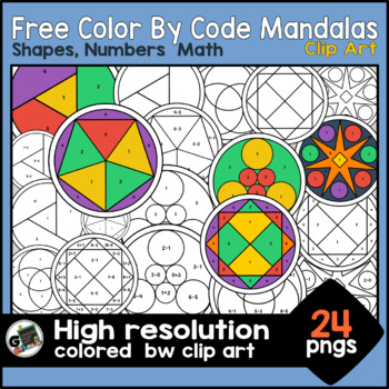 Preview of Free Color by Code Shapes Mandalas  - Math Numbers Add Subtract Clip Art